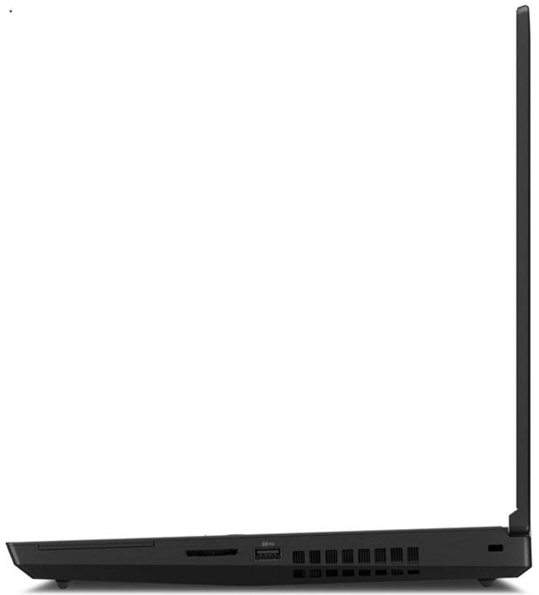 Seitenansicht eines schwarzen Laptops mit USB-Anschlüssen und Lüftungsschlitzen.