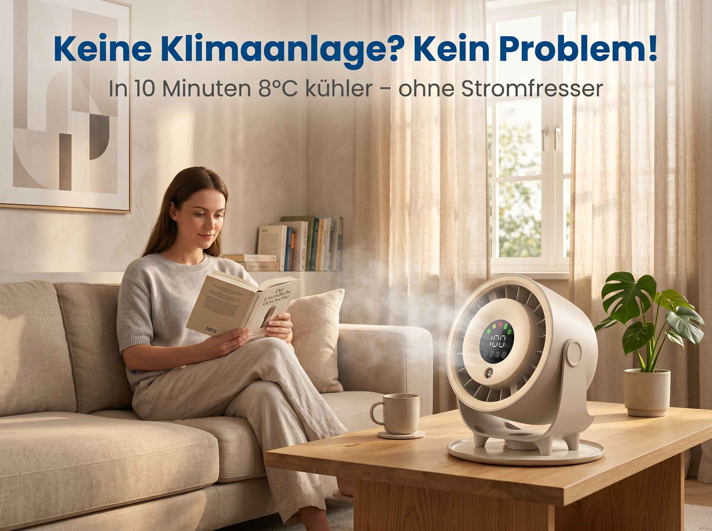 Frau liest Buch auf Sofa, ein Ventilator kühlt den Raum mit Nebel.