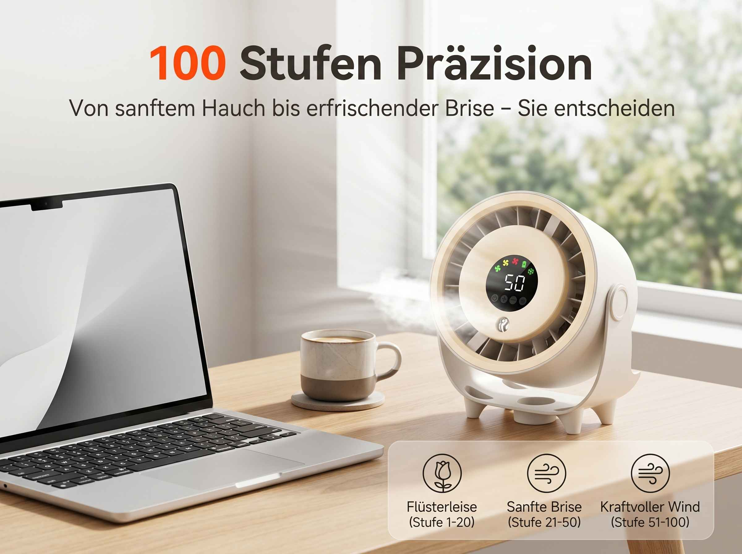Ein moderner Ventilator mit digitaler Anzeige steht neben einem Laptop und einer Tasse Kaffee.