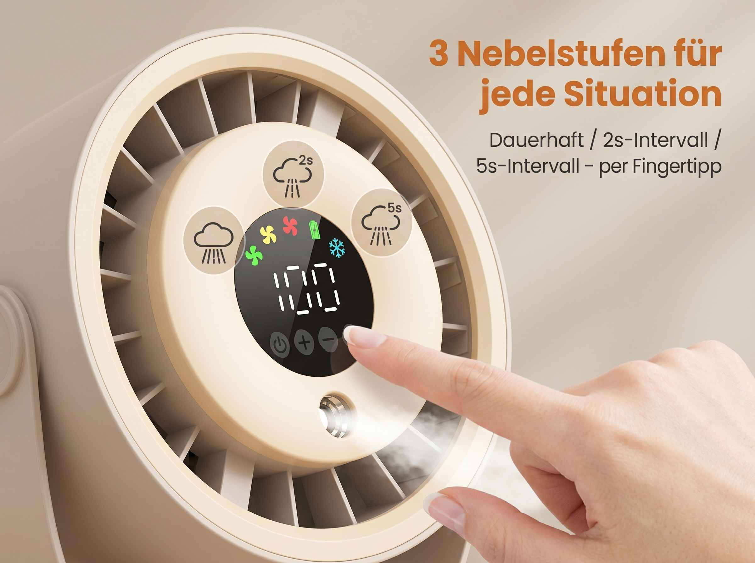 Eine Hand drückt auf einen Lüfter mit Nebel-Symbolen und digitaler Anzeige.