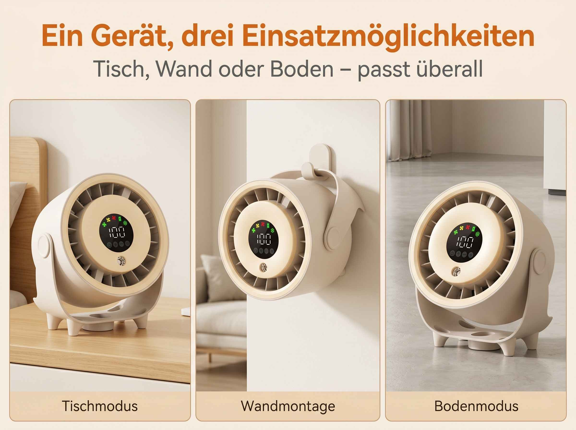 Ein beigefarbener Ventilator wird auf drei Arten gezeigt: Tisch, Wand und Boden.