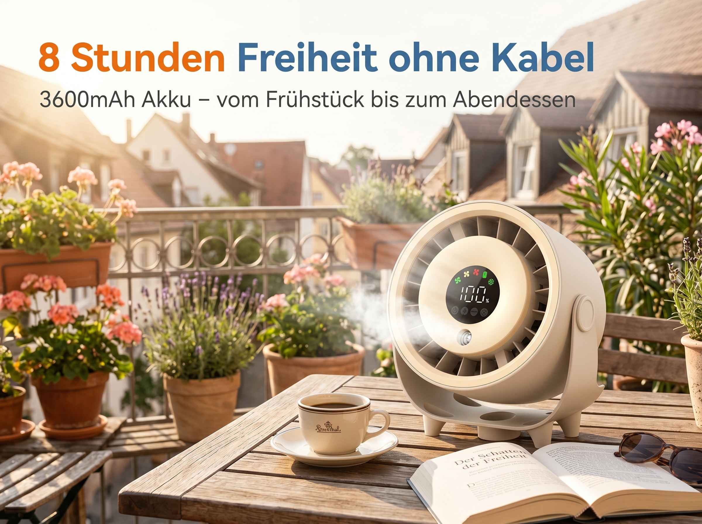 Ein Ventilator mit Display steht auf einem Tisch neben Kaffee, Buch und Sonnenbrille.