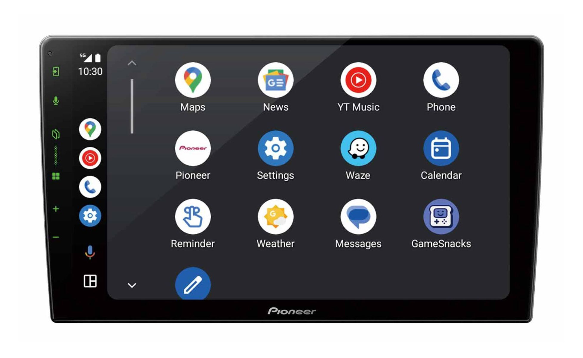 Pioneer-Infotainment-System mit App-Symbolen: Karten, Nachrichten, Musik, Telefon, Einstellungen, Kalender.