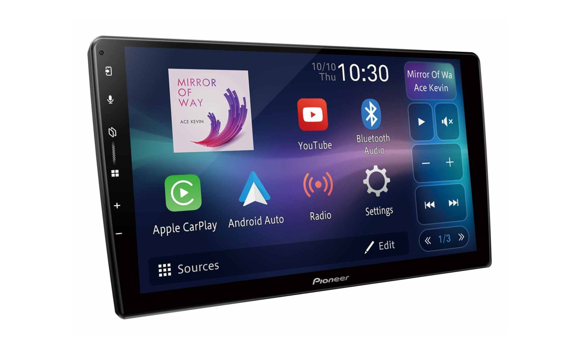 Pioneer Autoradio-Bildschirm mit Apps: YouTube, Bluetooth, Radio, Einstellungen, Apple CarPlay, Android Auto.