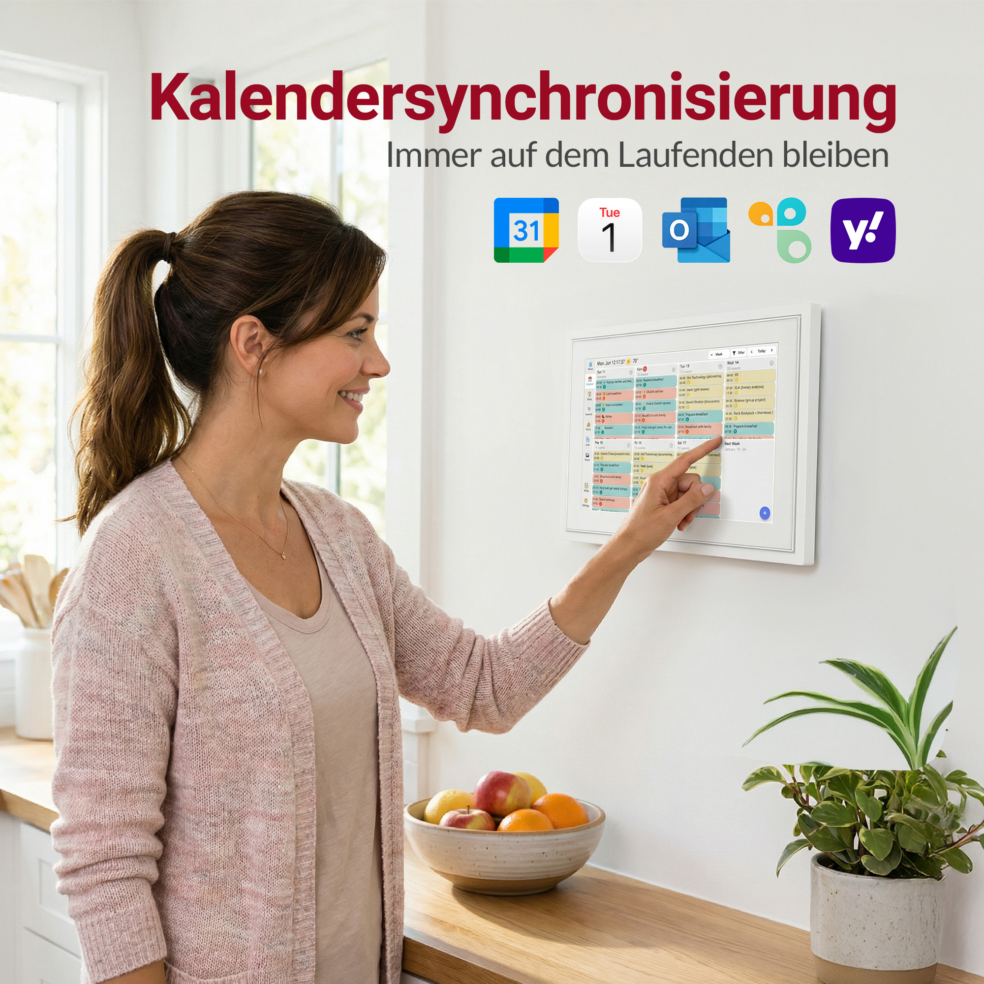 Frau mit Zopf vor Kalenderdisplay, das Apps und Termine zeigt.