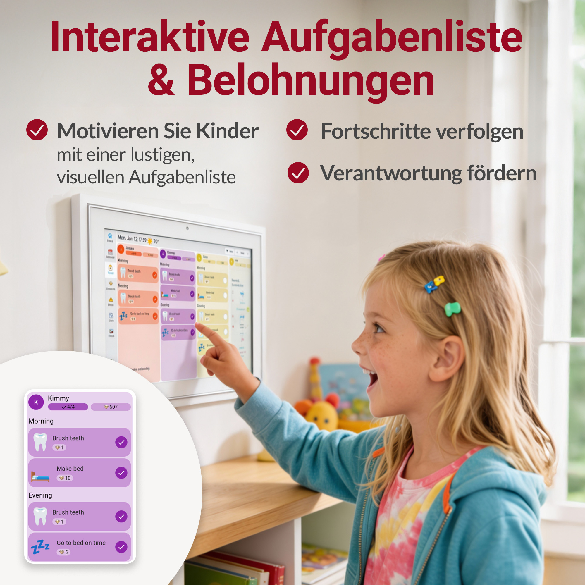 Mädchen zeigt auf interaktive Aufgabenliste auf dem Bildschirm. Text: Interaktive Aufgabenliste & Belohnungen.