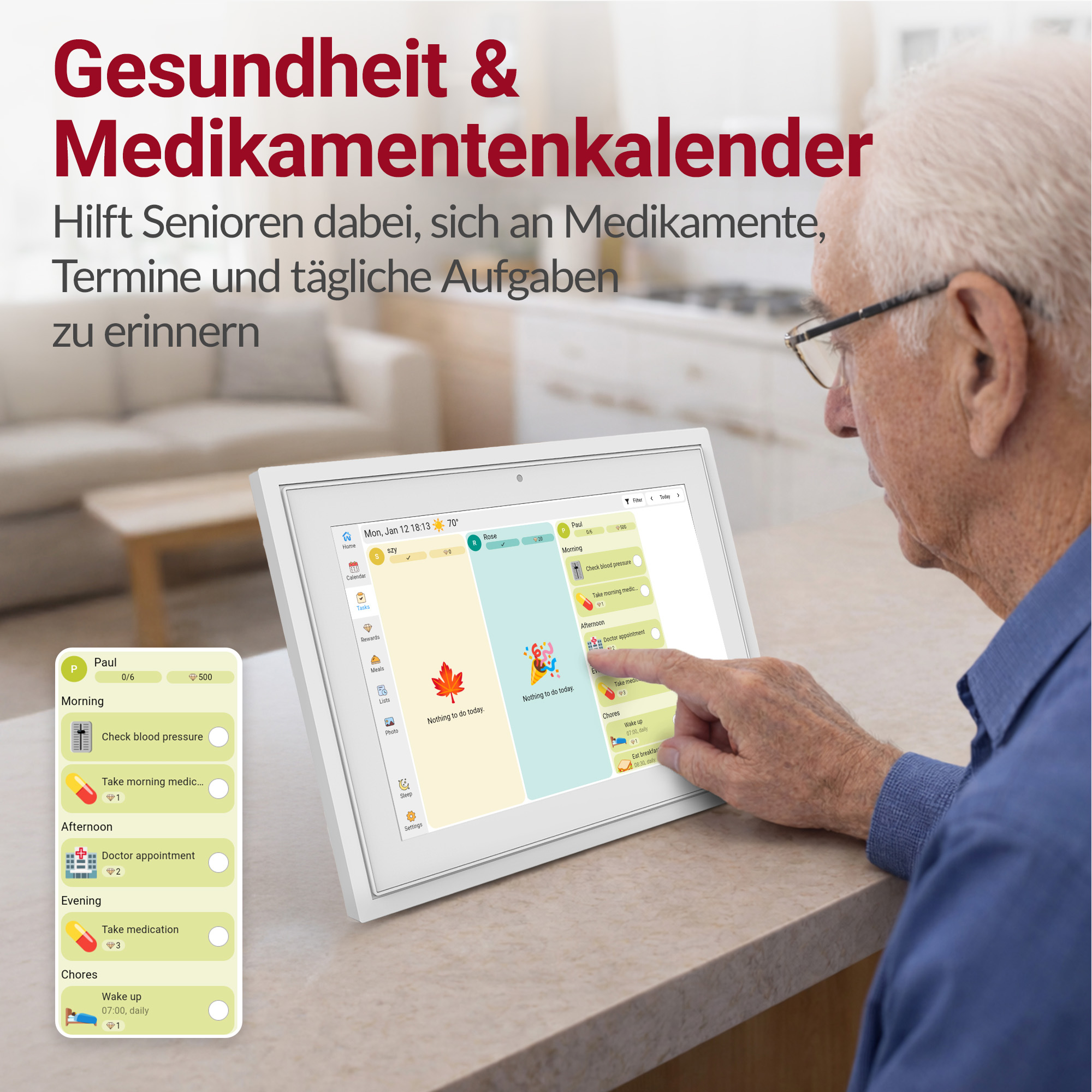 Älterer Mann benutzt ein Tablet mit einem Medikamenten- und Aufgabenplaner.