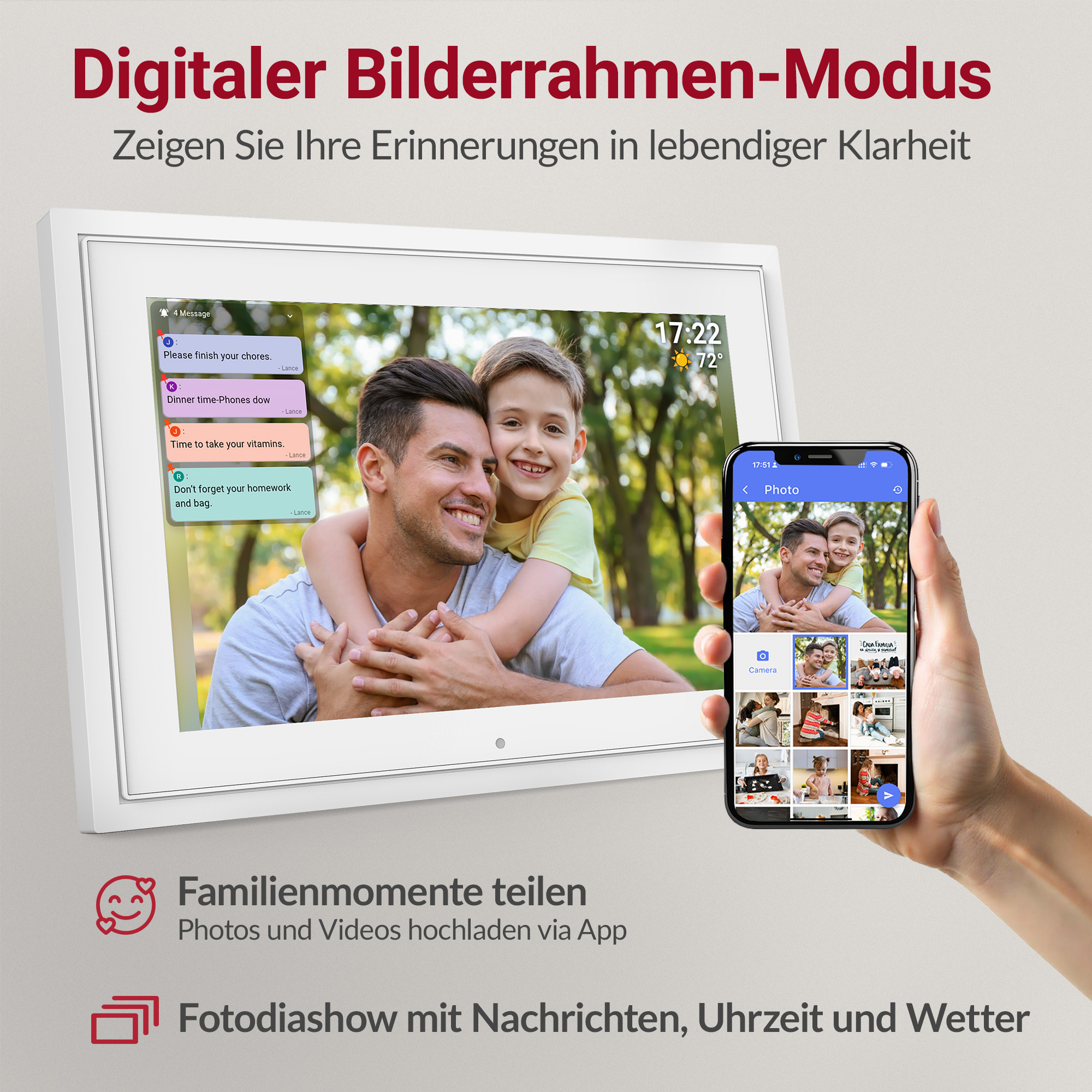 Digitaler Bilderrahmen mit Foto eines Mannes und Kindes, daneben ein Smartphone.