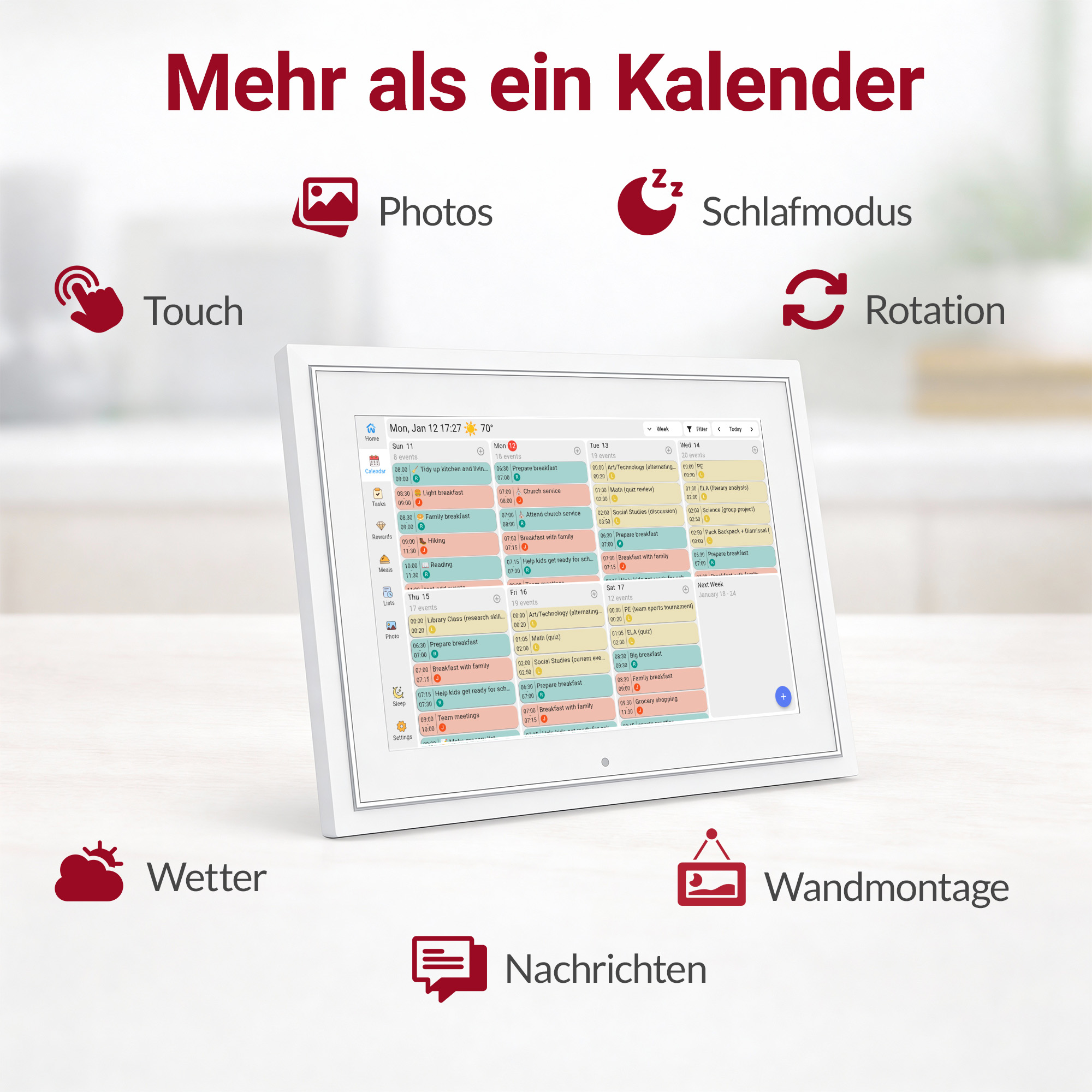 Ein digitales Kalenderdisplay zeigt Termine, Fotos, Wetter, Schlafmodus und mehr.