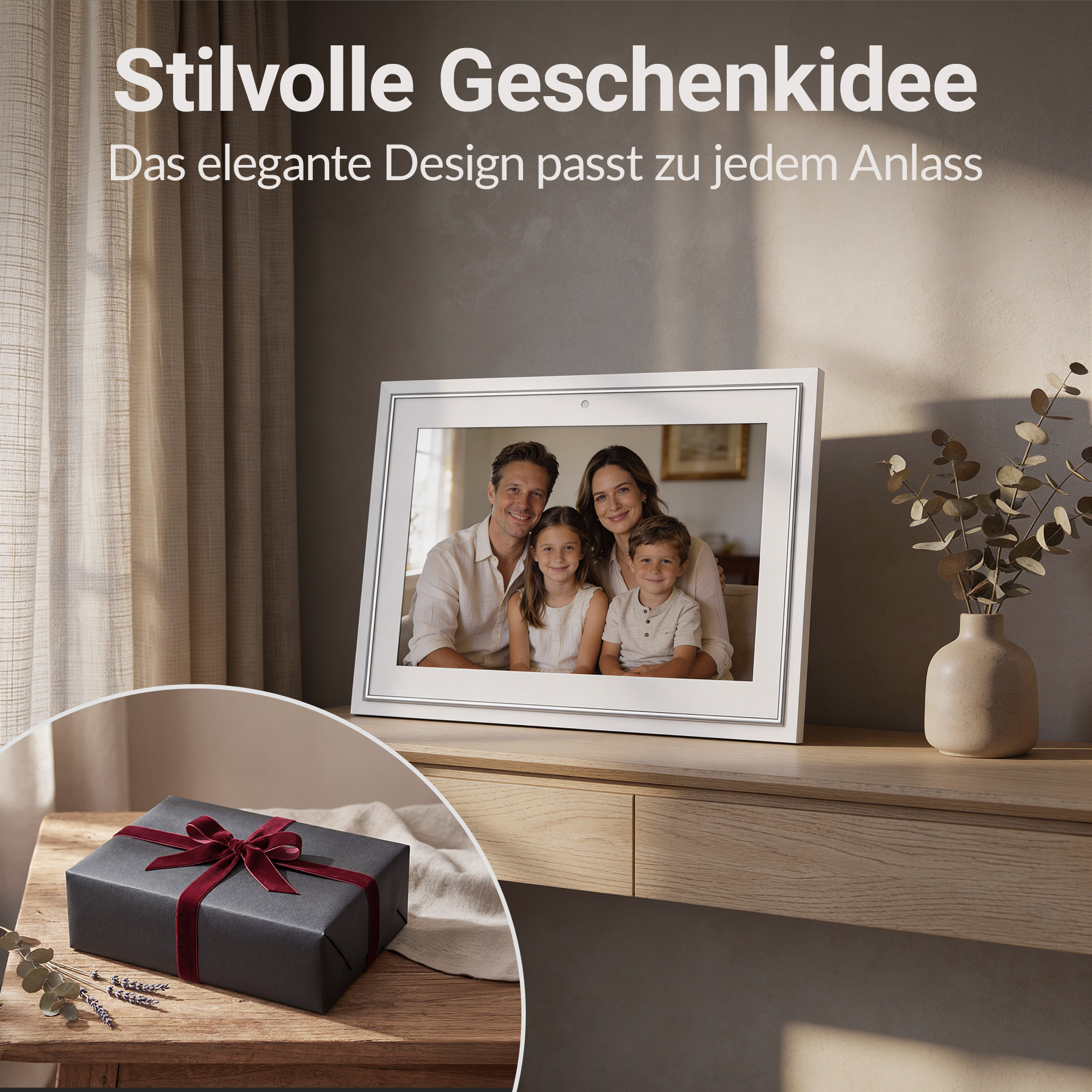 Ein digitaler Bilderrahmen zeigt eine Familie, daneben eine Geschenkbox.