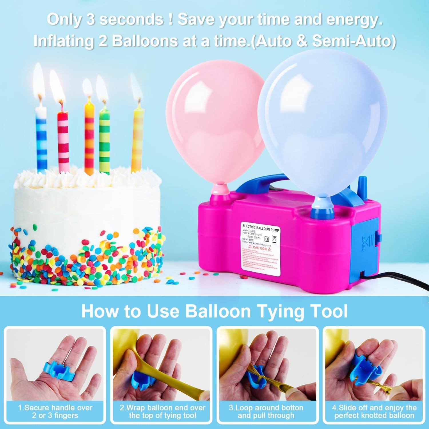 Ein rosa und ein blauer Ballon auf einer rosa Pumpe neben einem Kuchen mit Kerzen.