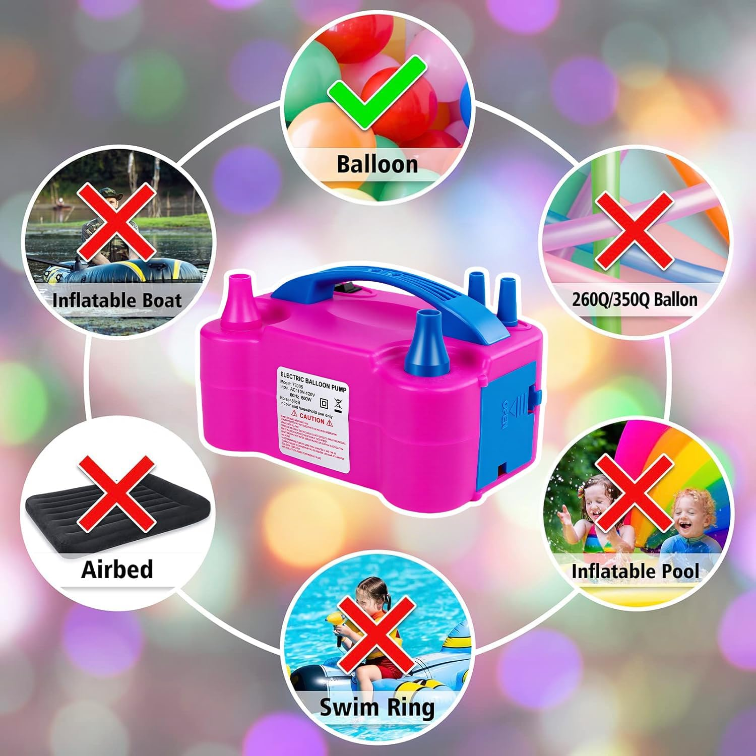 Pinker elektrischer Ballonpumpe mit verschiedenen Anwendungen.