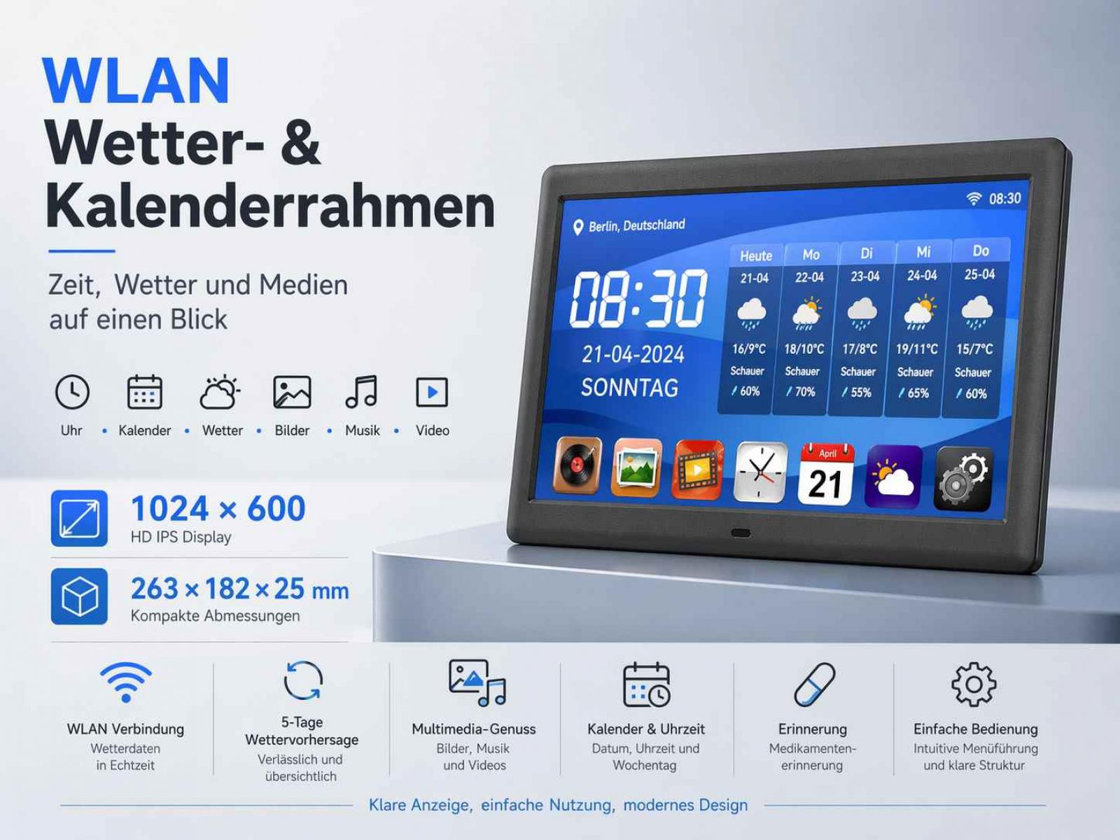 Digitaler WLAN Wetter- und Kalenderrahmen zeigt Uhrzeit, Datum, Wetter und Icons.