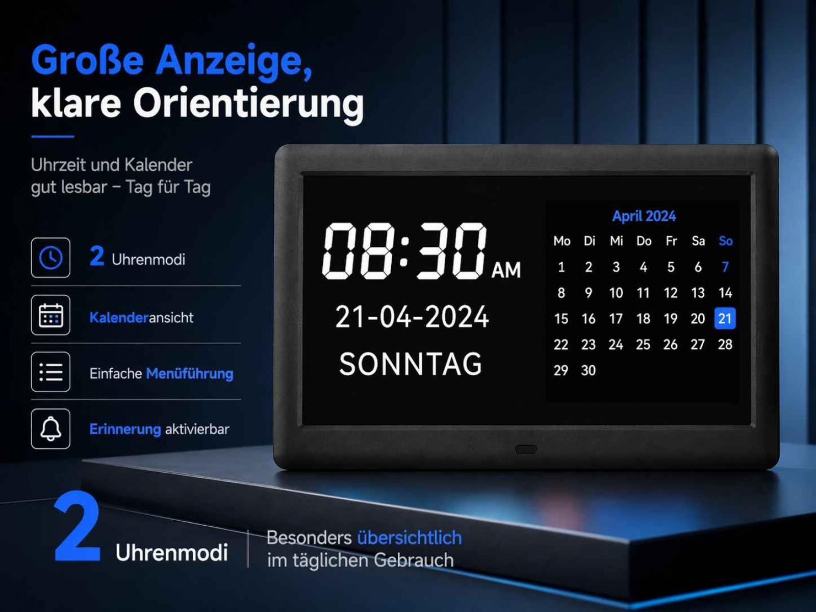 Digitaluhr zeigt 08:30 Uhr, Datum 21.04.2024, Sonntag, April 2024 Kalender.