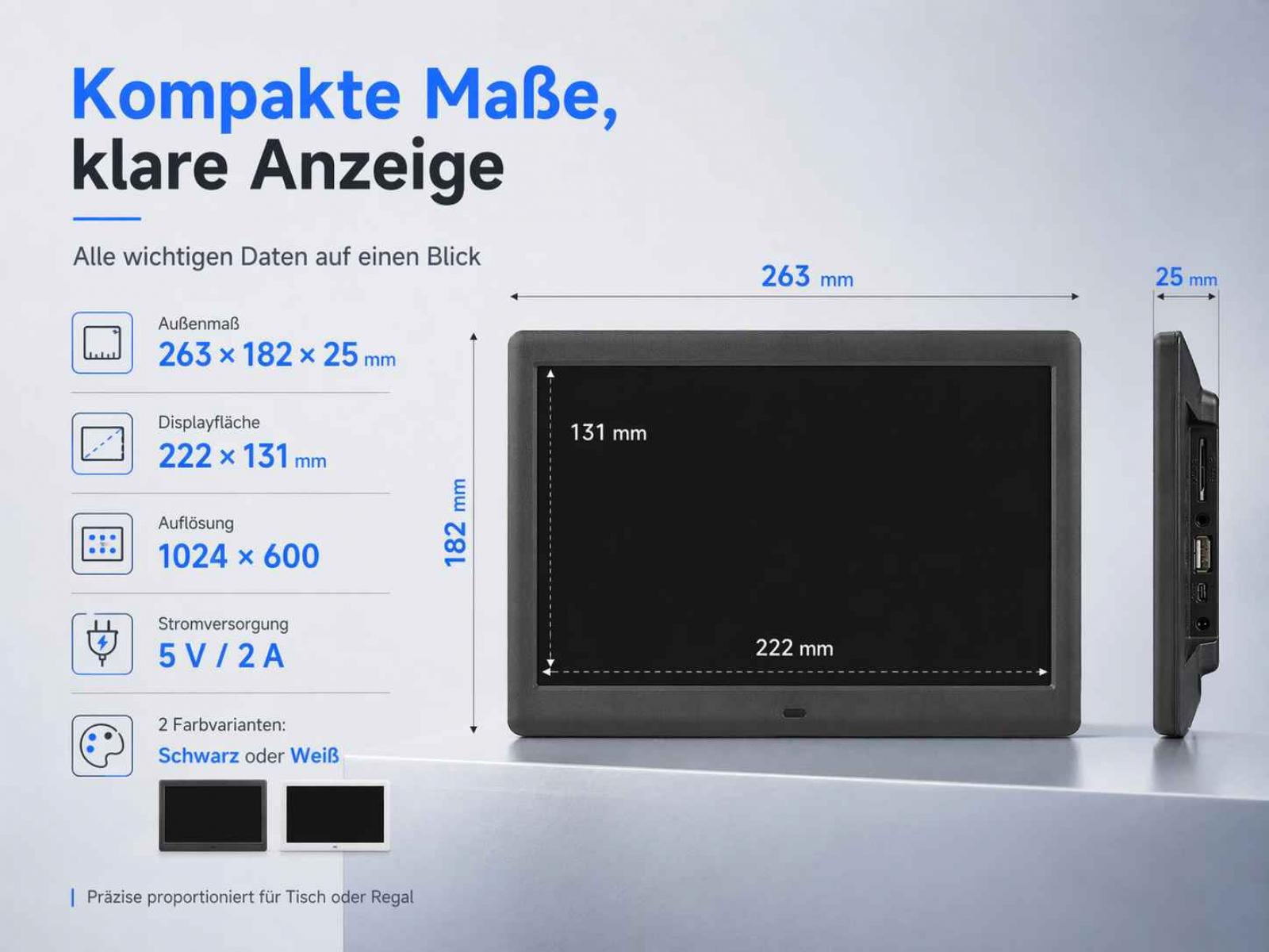 Digitaler Bilderrahmen mit Maßen 263x182x25mm, Display 222x131mm.