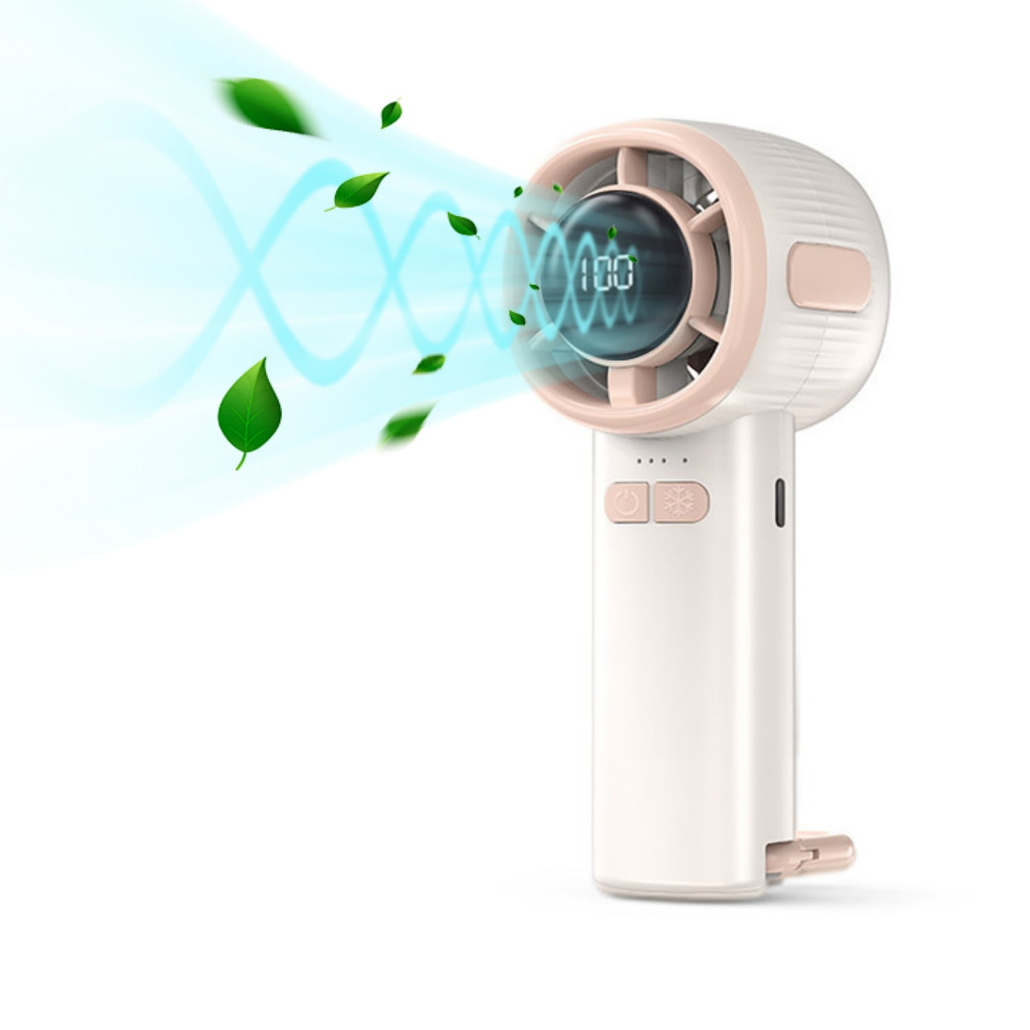 Ein weißer und pinker tragbarer Ventilator bläst blaue Luft mit grünen Blättern.