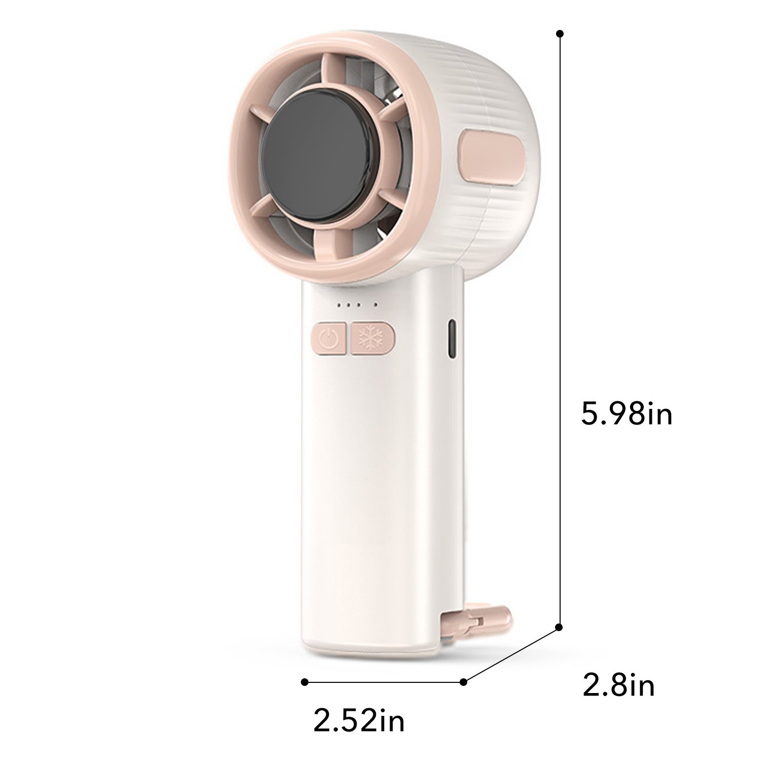 Ein tragbarer weißer und rosa Ventilator mit Lüfterschaufeln, Bedienelementen und Maßen.