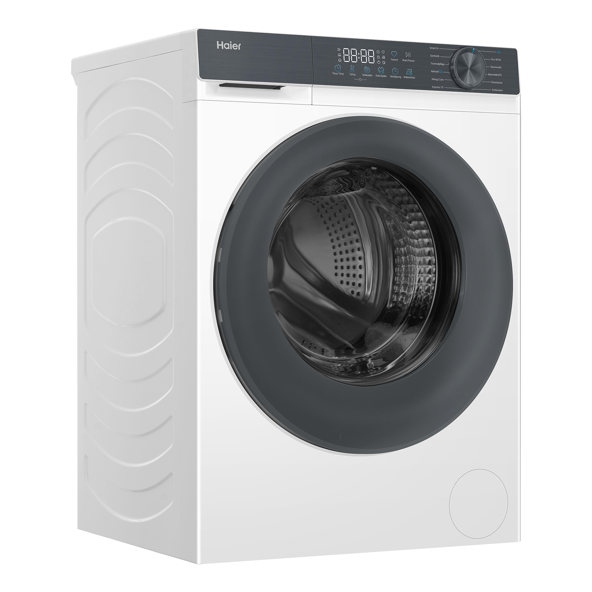 Weiße Haier Waschmaschine mit dunklem Bullauge und Bedienfeld.