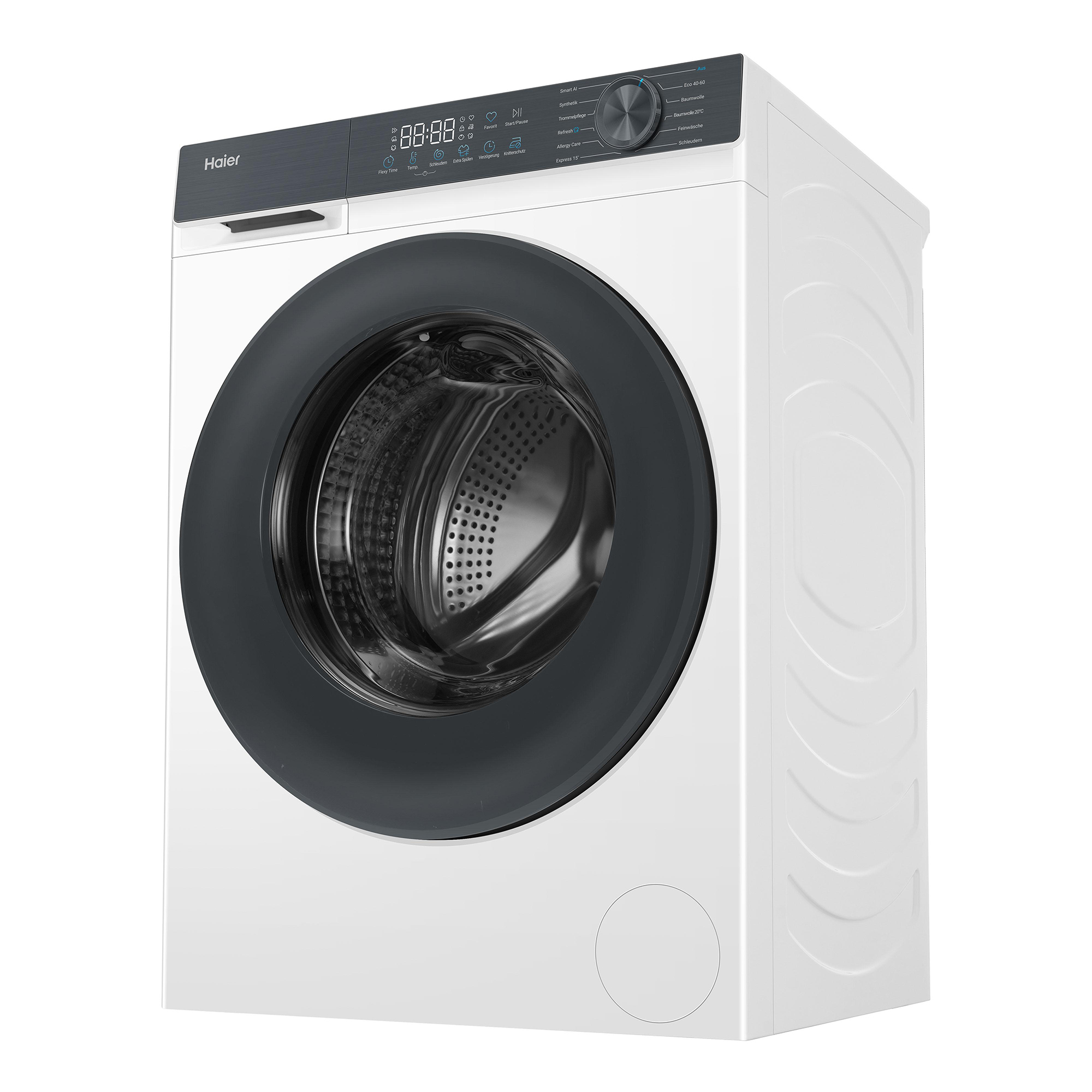 Eine weiße Haier Waschmaschine mit dunkler Tür und Bedienfeld.
