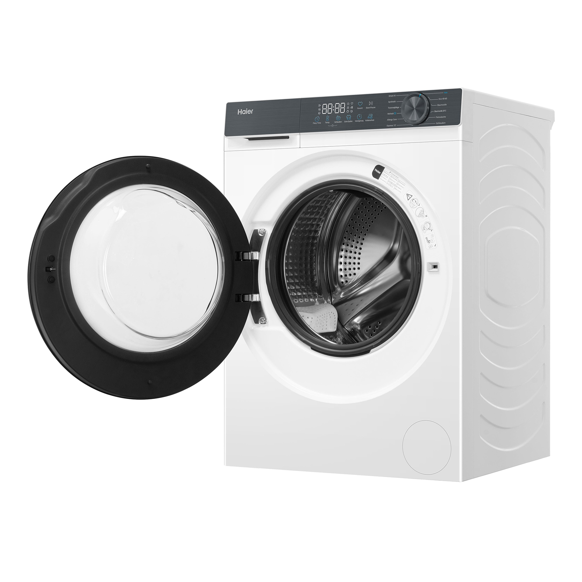 Weiße Haier-Waschmaschine mit offener Tür und digitaler Anzeige.