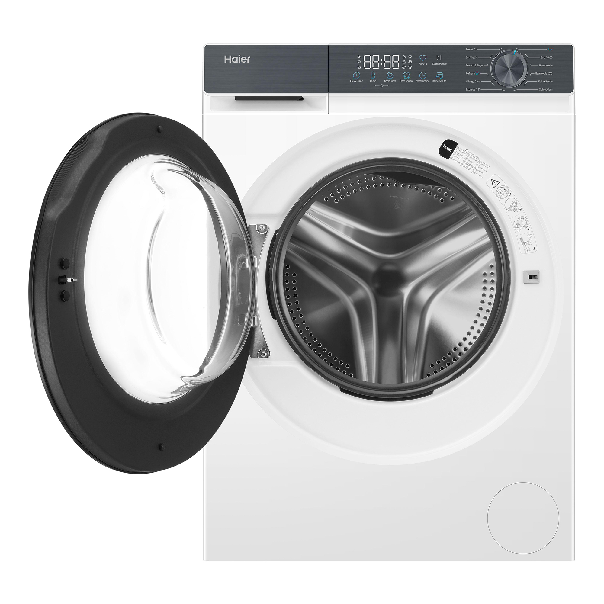 Eine weiße Haier Waschmaschine mit einer geöffneten Tür und einem sichtbaren Edelstahl-Innenraum.