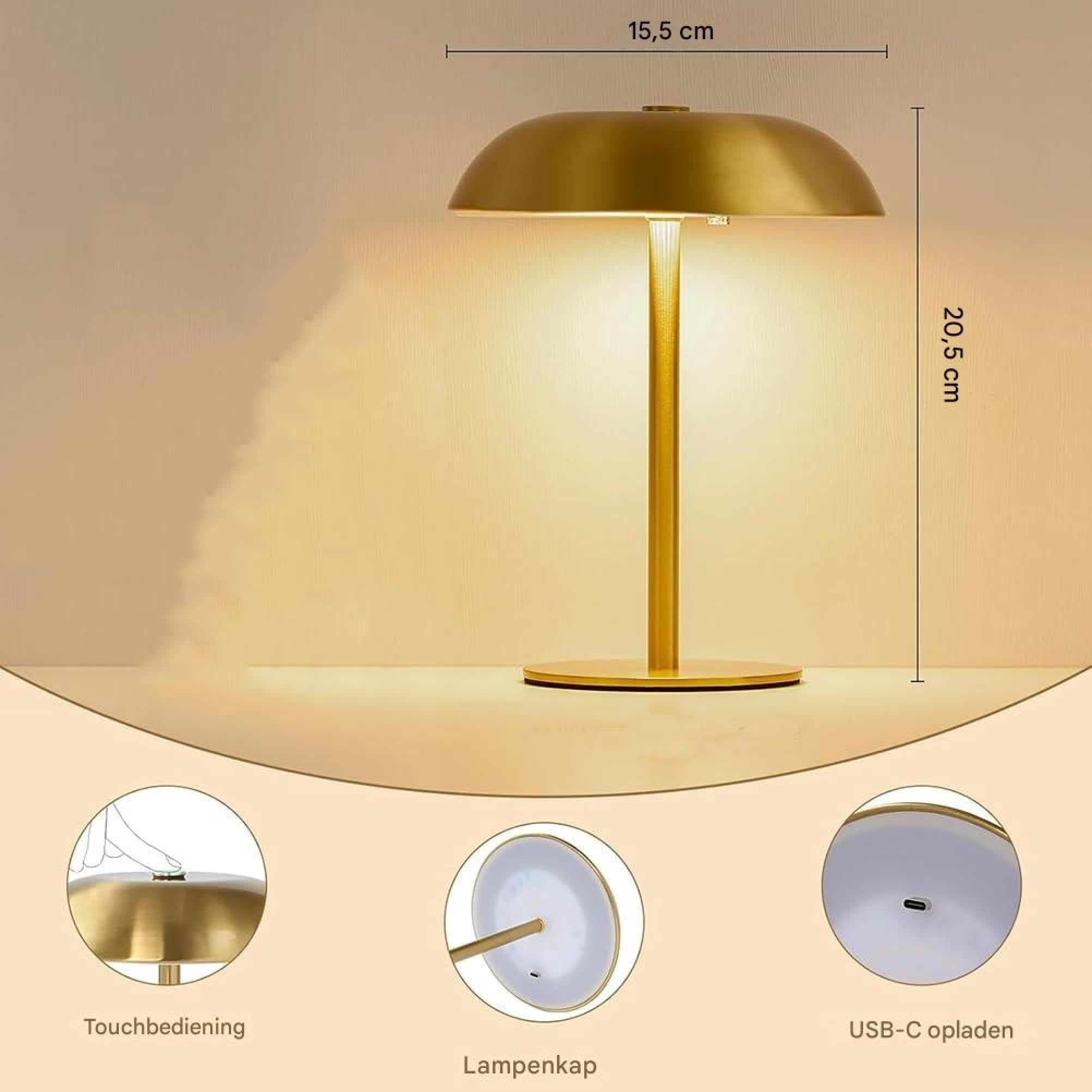 Eine goldene Tischlampe mit Touch-Bedienung und USB-C-Anschluss, 15,5x20,5cm.