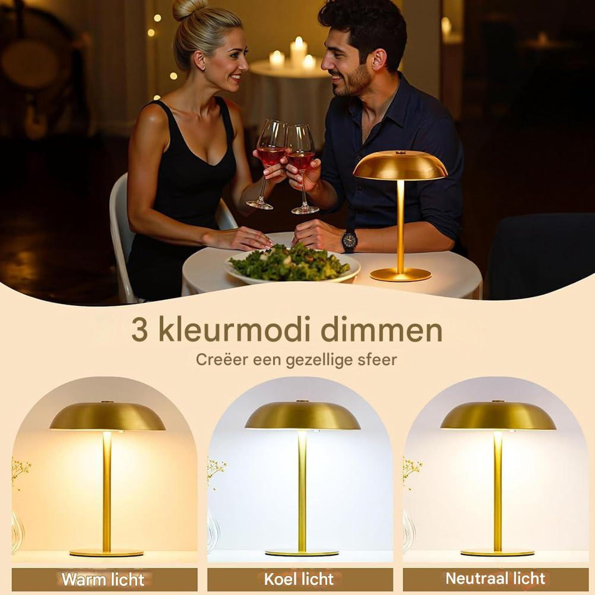 Ein Paar genießt Wein und Salat bei Kerzenlicht, drei Lampenvarianten.