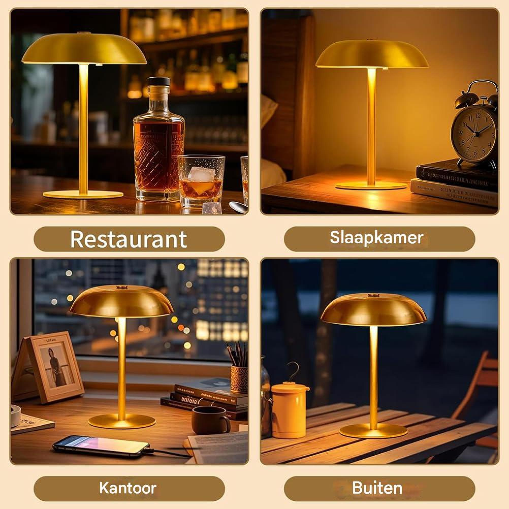 Goldene Lampe auf einem Holztisch, daneben Flasche und Glas.
