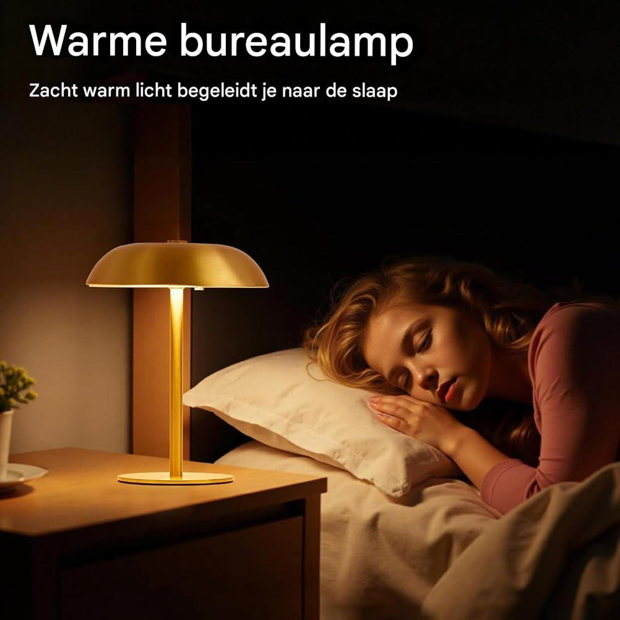 Eine Frau schläft im Bett, beleuchtet von einer goldenen Nachttischlampe.