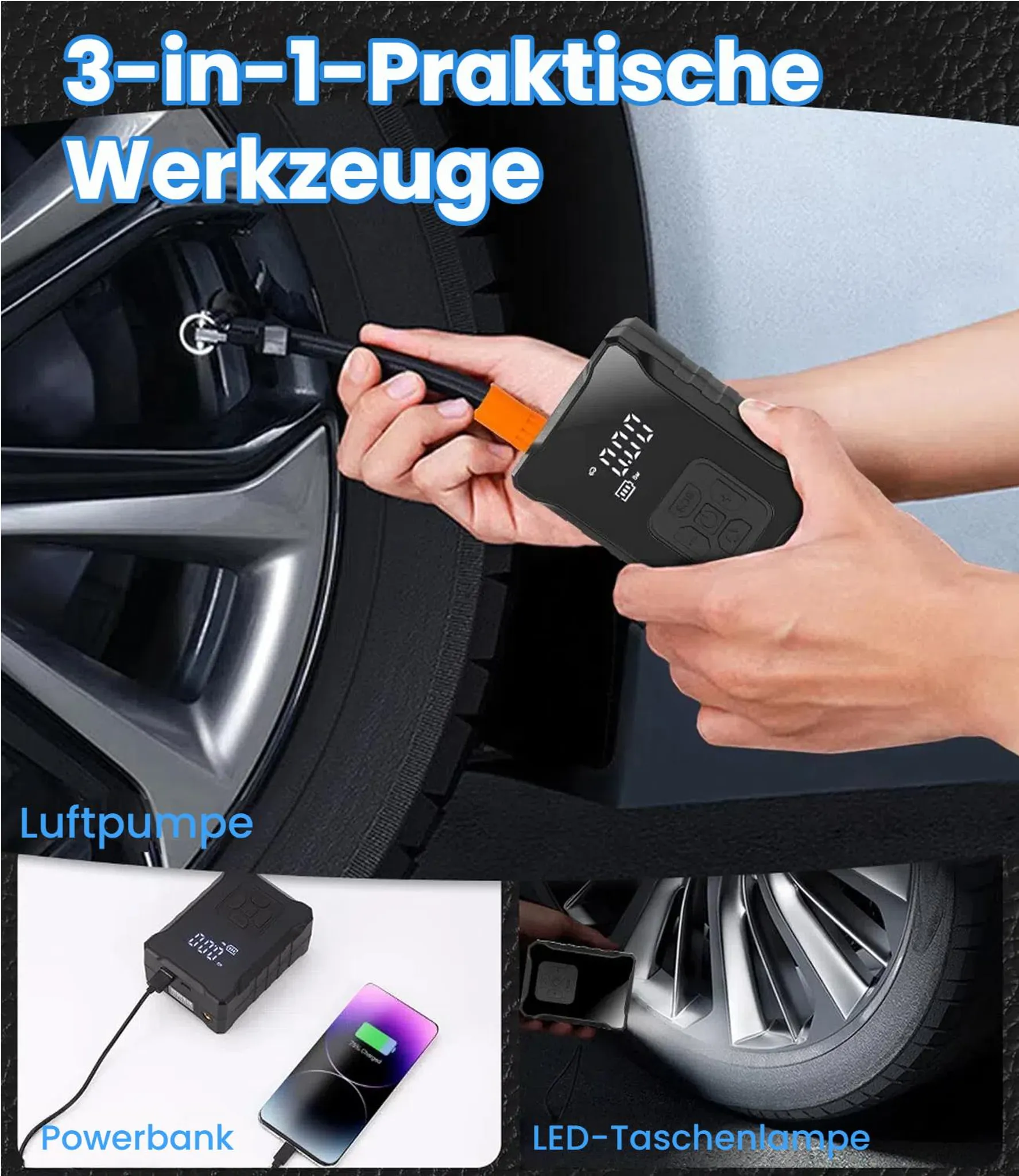 Ein Werkzeugset mit Luftpumpe, Powerbank und Lampe für Autos.
