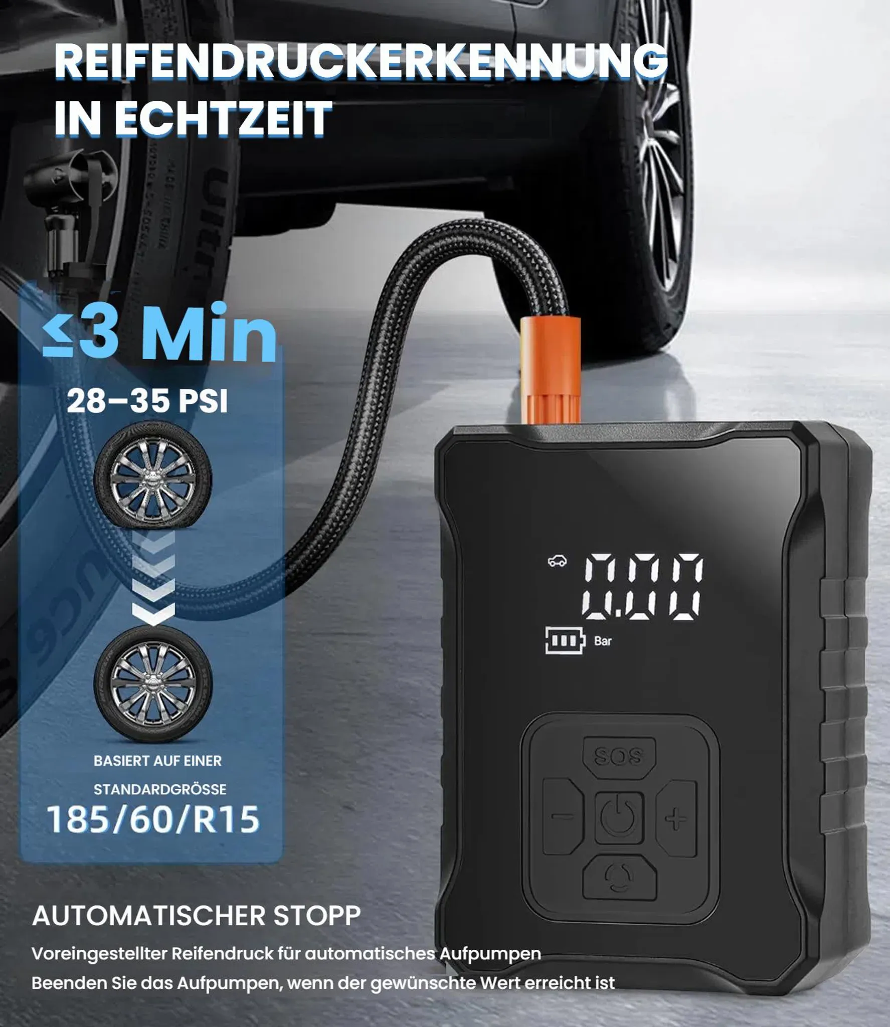 Schwarzer tragbarer Reifenfüller mit Schlauch neben einem Autoreifen.