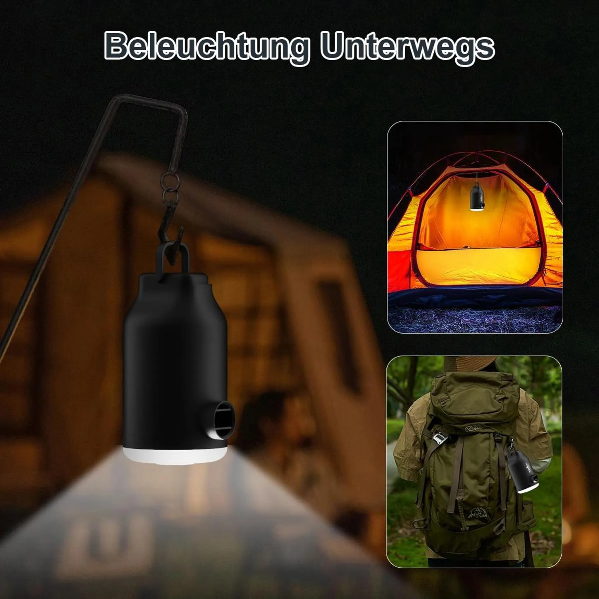 Ein schwarzer Laternen-Anhänger beleuchtet einen Campingplatz.