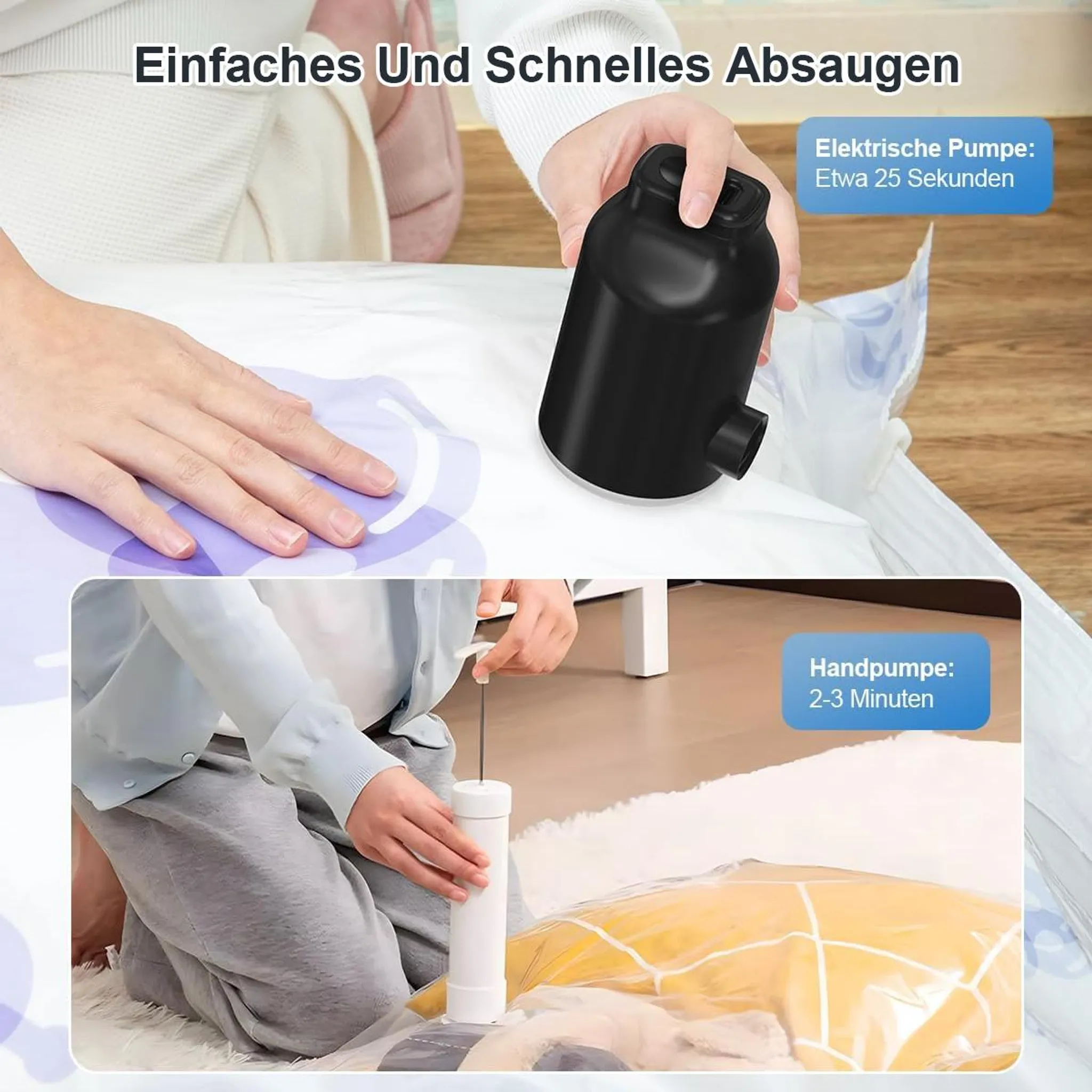 Eine Hand hält eine schwarze elektrische Pumpe über einem Vakuumbeutel. Unten wird ein weißer Handpumpen-Sauger benutzt.