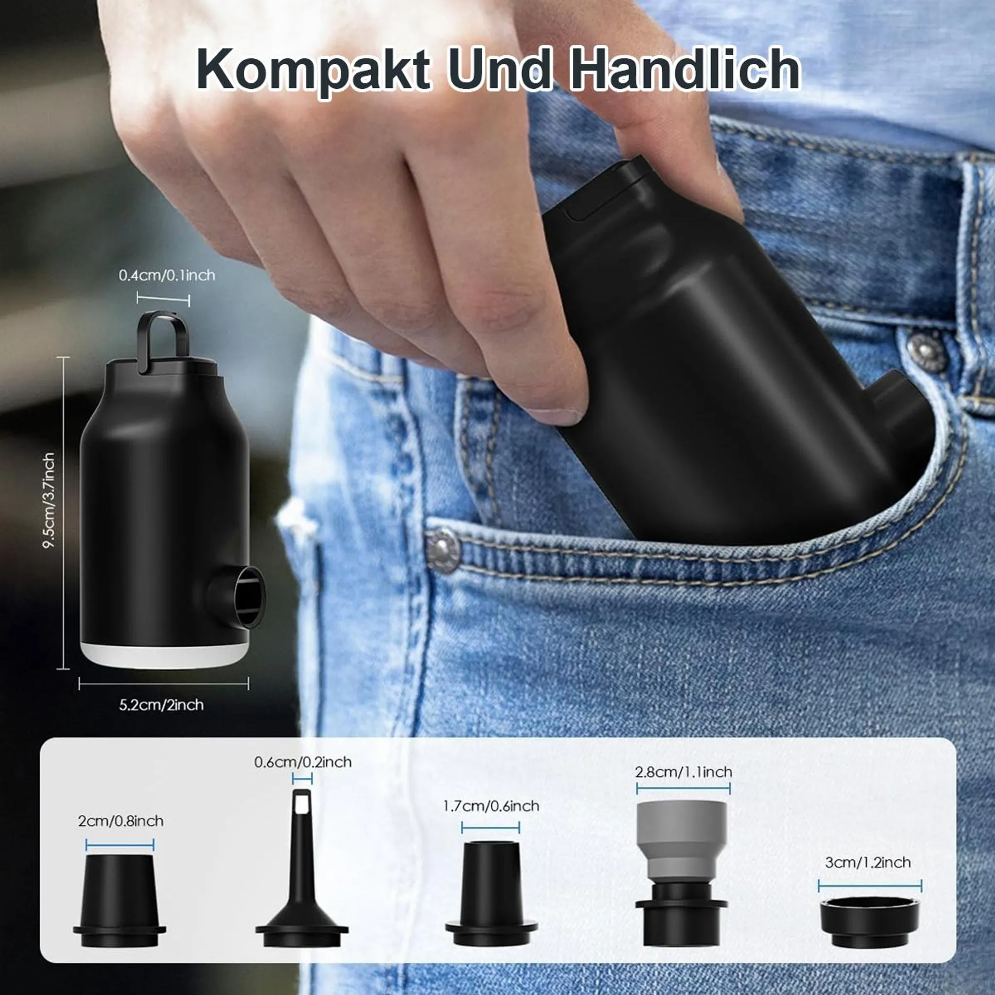 Eine Hand steckt eine schwarze, zylindrische Pumpe in eine Jeans-Tasche.