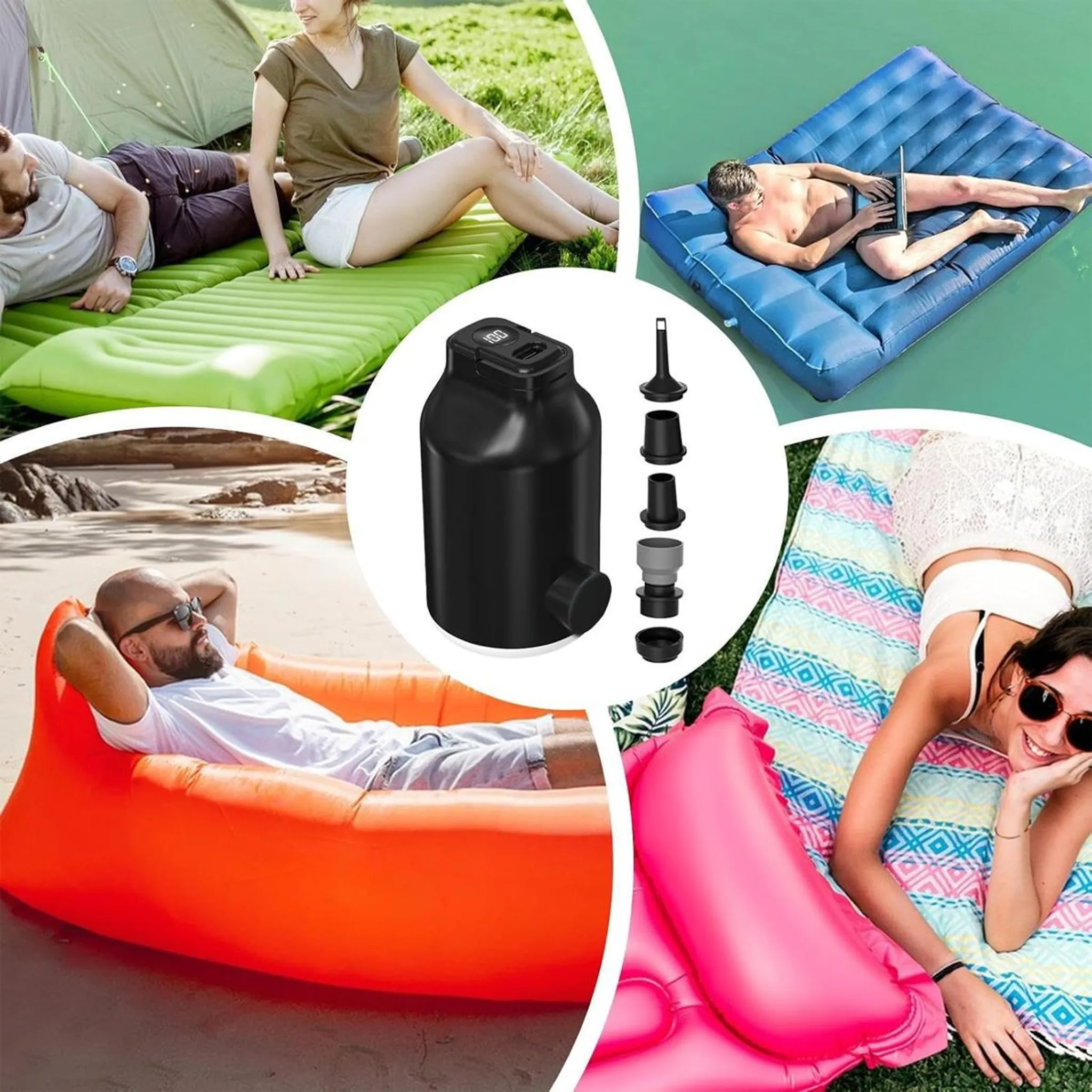 Collage zeigt aufblasbare Produkte: Luftmatratzen, Liegen und eine Pumpe.