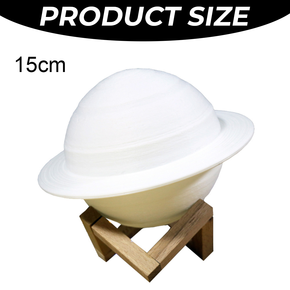 Ein weißes Planetenmodell mit Ringen, 15cm, auf einem Holzständer.