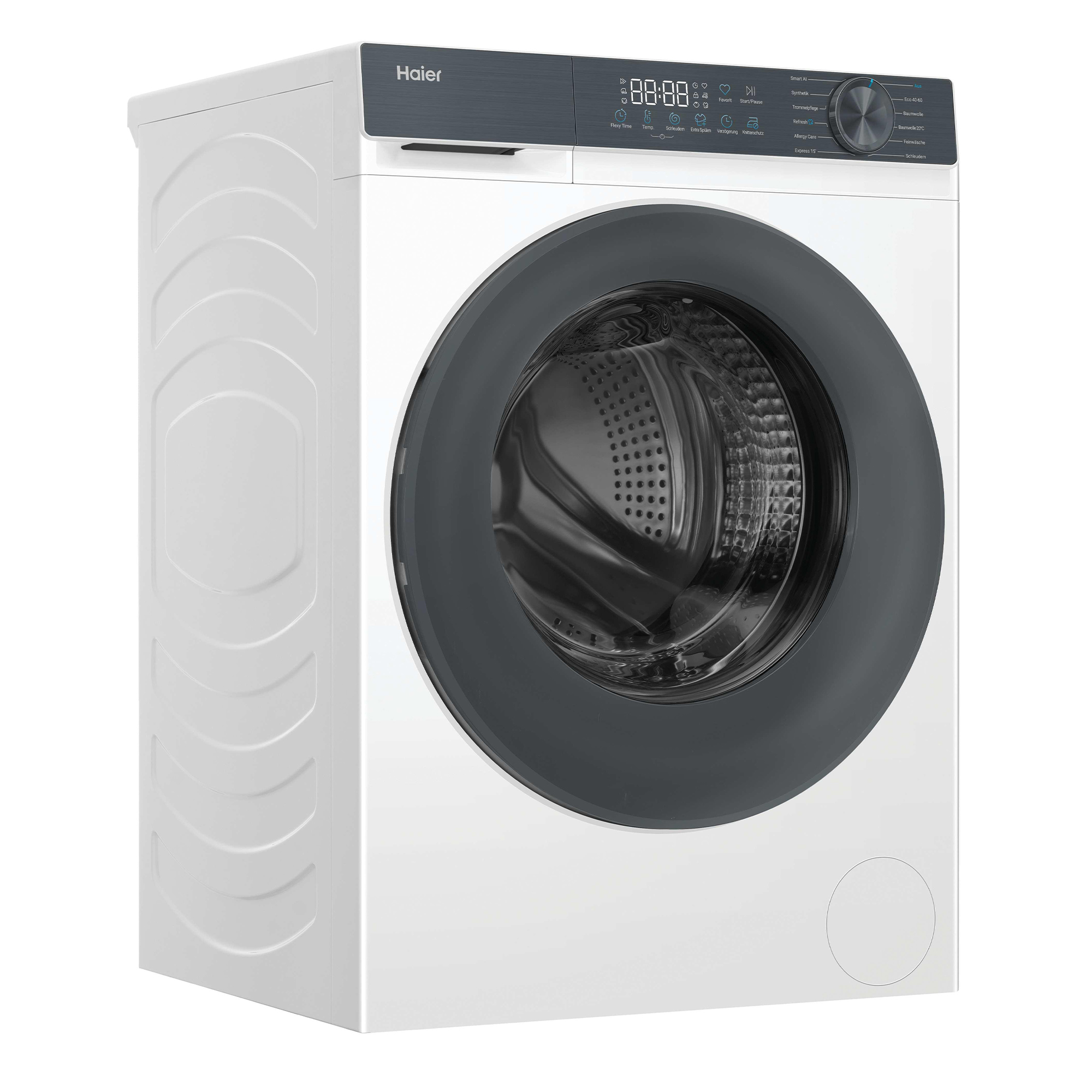 Eine weiße Haier-Waschmaschine mit silbernem Bedienfeld und runder Tür.
