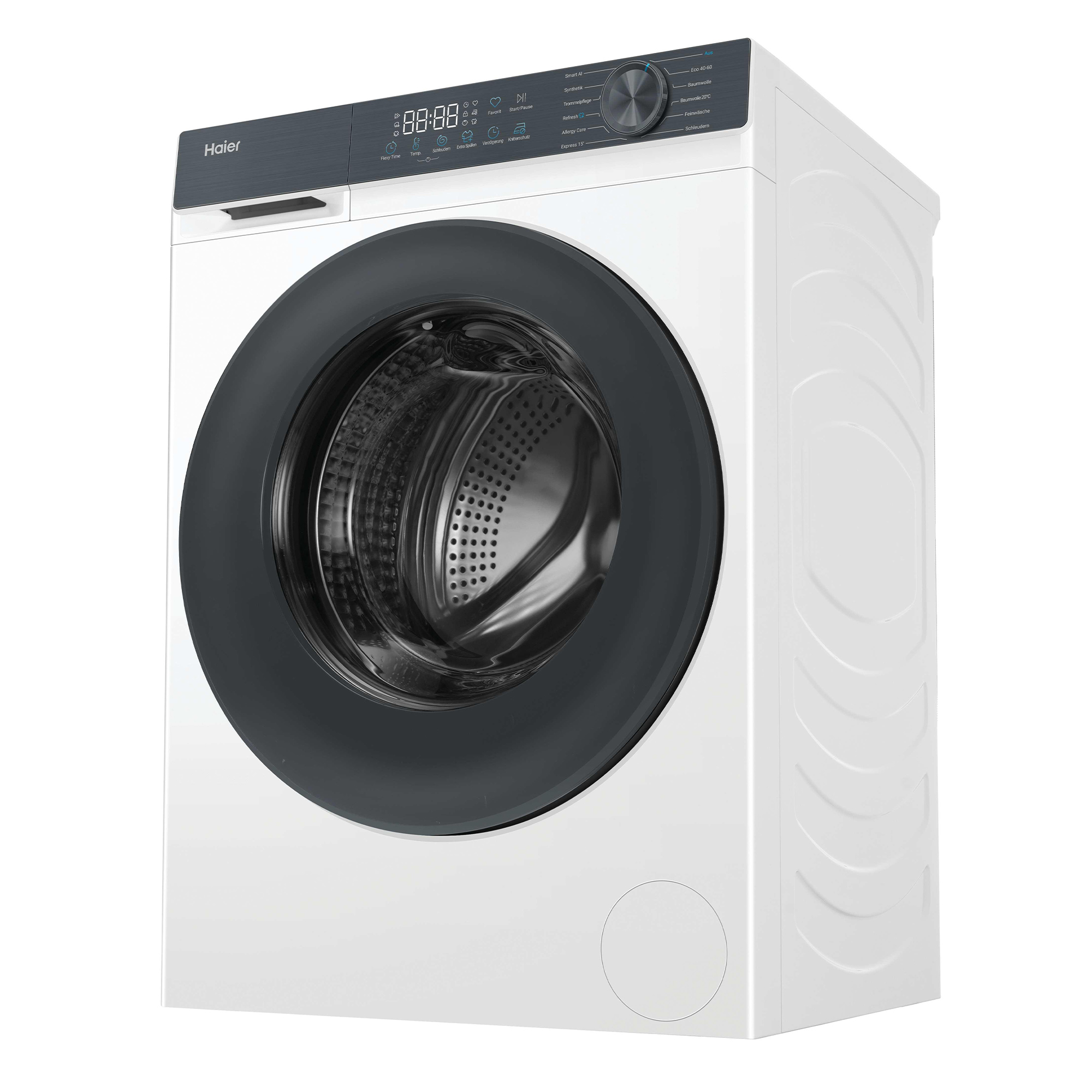 Eine weiße Haier Waschmaschine mit dunkler Tür und Bedienfeld.