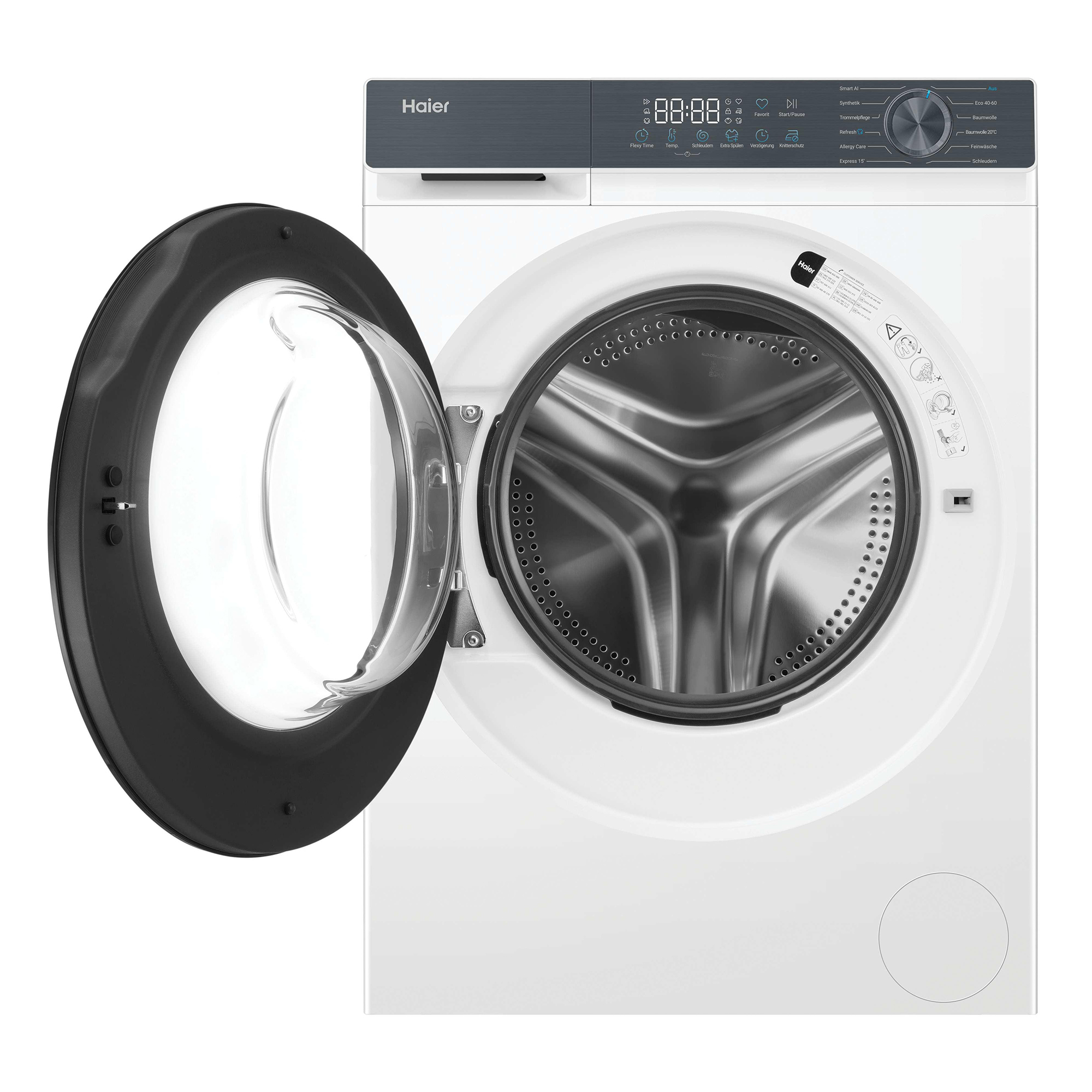 Eine weiße Haier Waschmaschine mit geöffneter Tür und silberner Trommel.