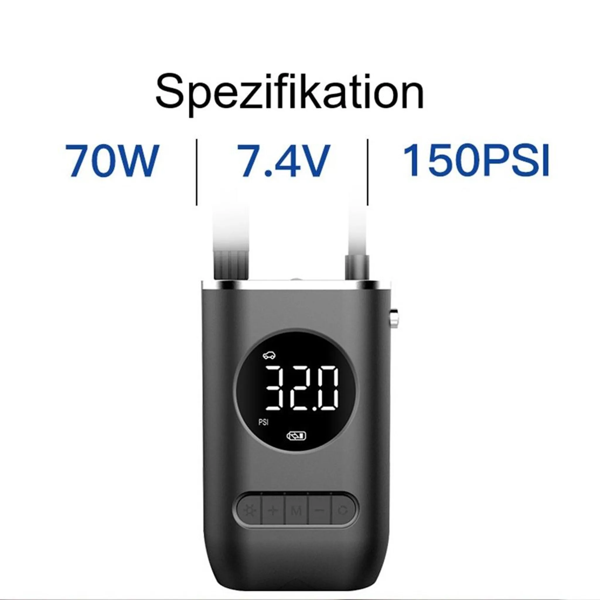 Schwarzer tragbarer Luftkompressor mit Digitalanzeige zeigt 32.0 PSI.