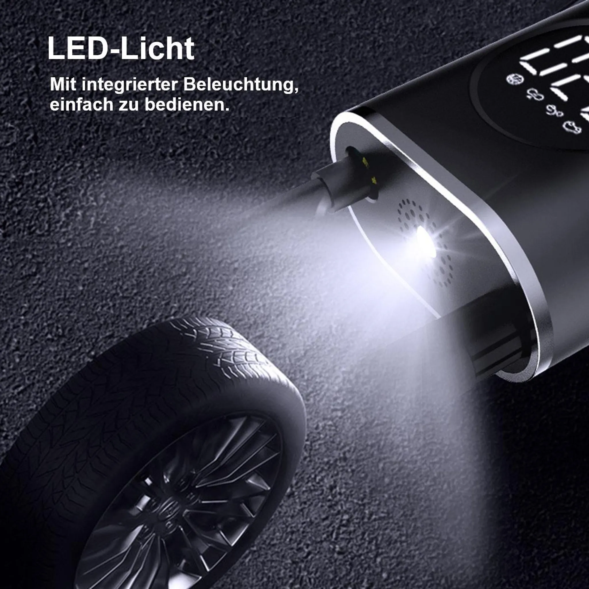 Ein tragbares Gerät beleuchtet einen Autoreifen mit einem LED-Licht.
