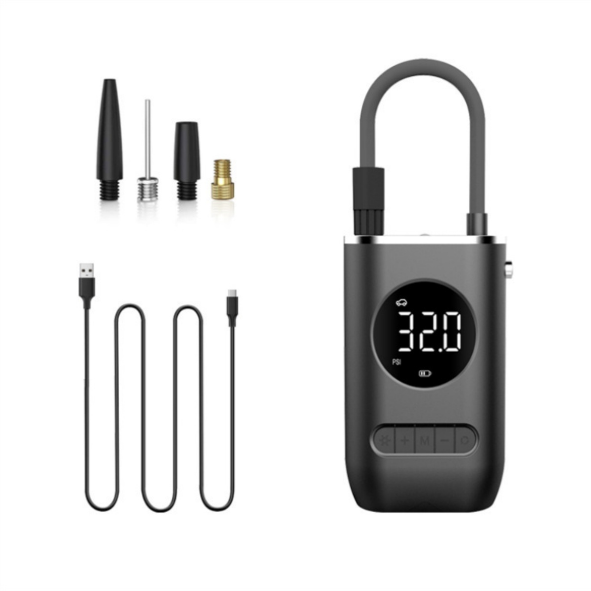 Ein tragbarer Reifenfüller mit digitalen PSI-Anzeige, USB-Kabel und Adaptern.