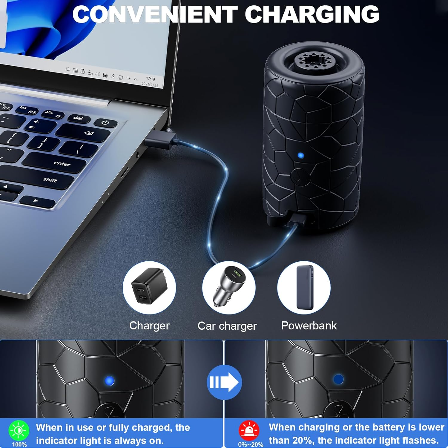 Ein Laptop wird mit einem schwarzen zylindrischen Powerbank-Ladegerät verbunden.
