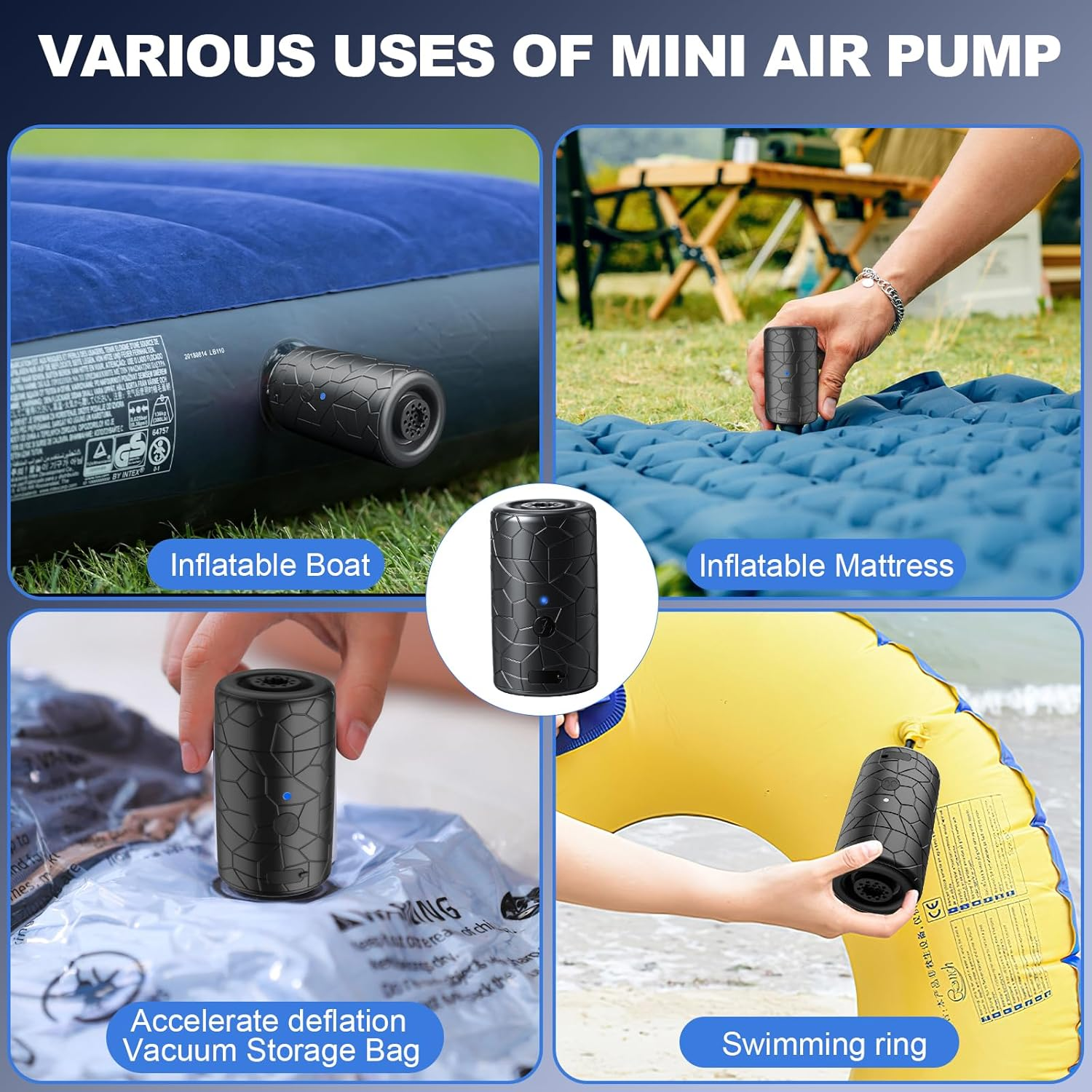 Mini-Luftpumpe wird zum Aufblasen eines Bootes, einer Matratze, eines Schwimmrings und zum Entleeren eines Beutels verwendet.