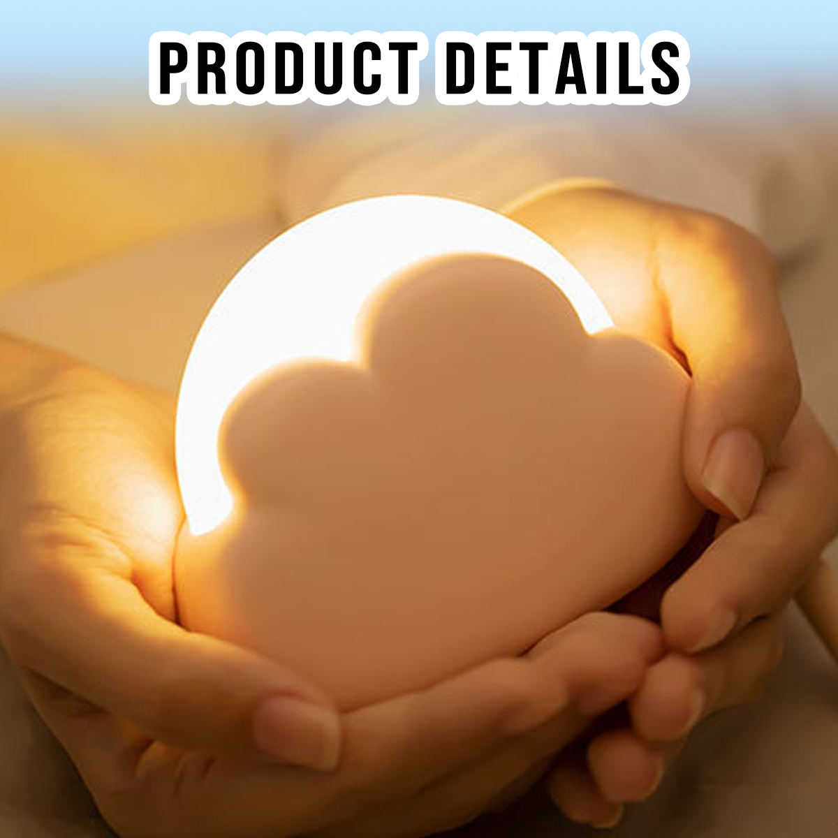Hände halten ein leuchtendes, wolkenförmiges Objekt. Produkt Details.