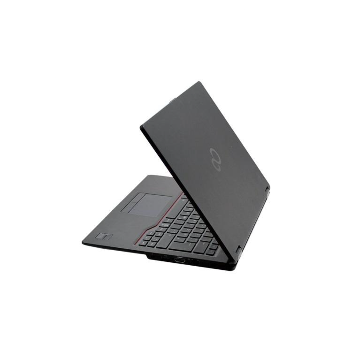 Ein schwarzer Laptop mit geöffnetem Bildschirm auf weißem Hintergrund.