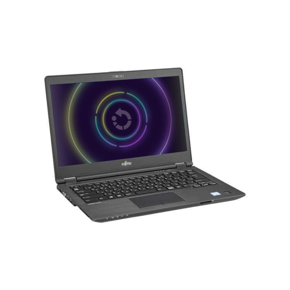 Ein geöffneter schwarzer Fujitsu Laptop mit einem Kreisdiagramm auf dem Bildschirm.