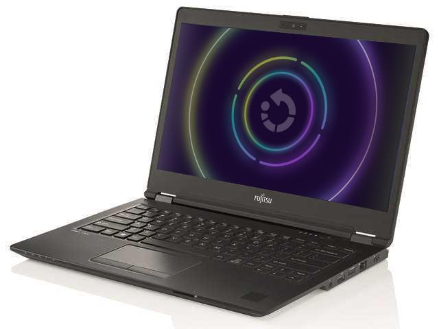 Ein schwarzer Fujitsu-Laptop mit einem farbigen Kreislogo auf dem Bildschirm.