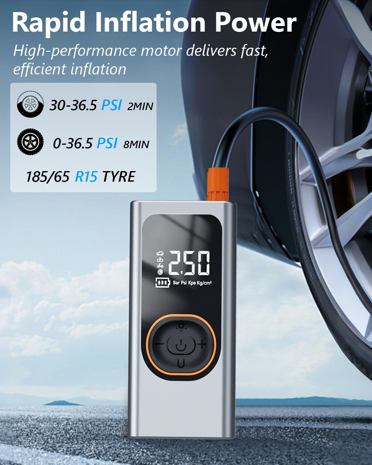 Silberner Reifenfüller zeigt 2,50 PSI an. Zeigt Inflationsspezifikationen für 185/65 R15 Reifen.