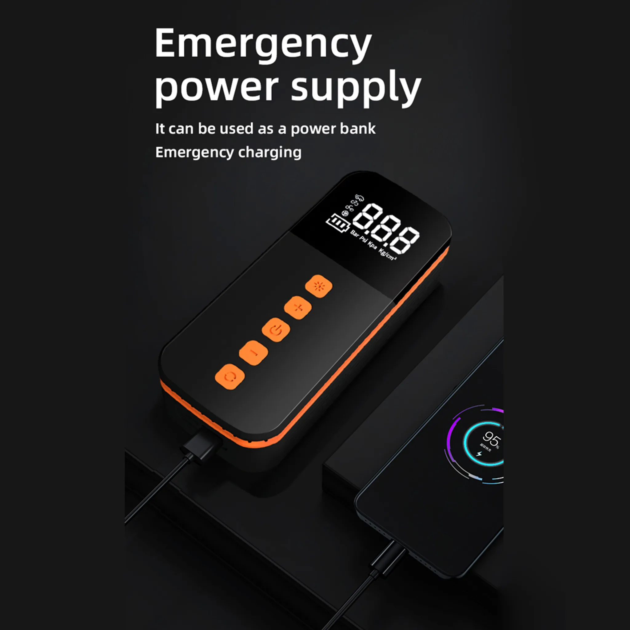 Ein schwarzer Notstromversorger mit orangefarbenen Akzenten lädt ein Smartphone.
